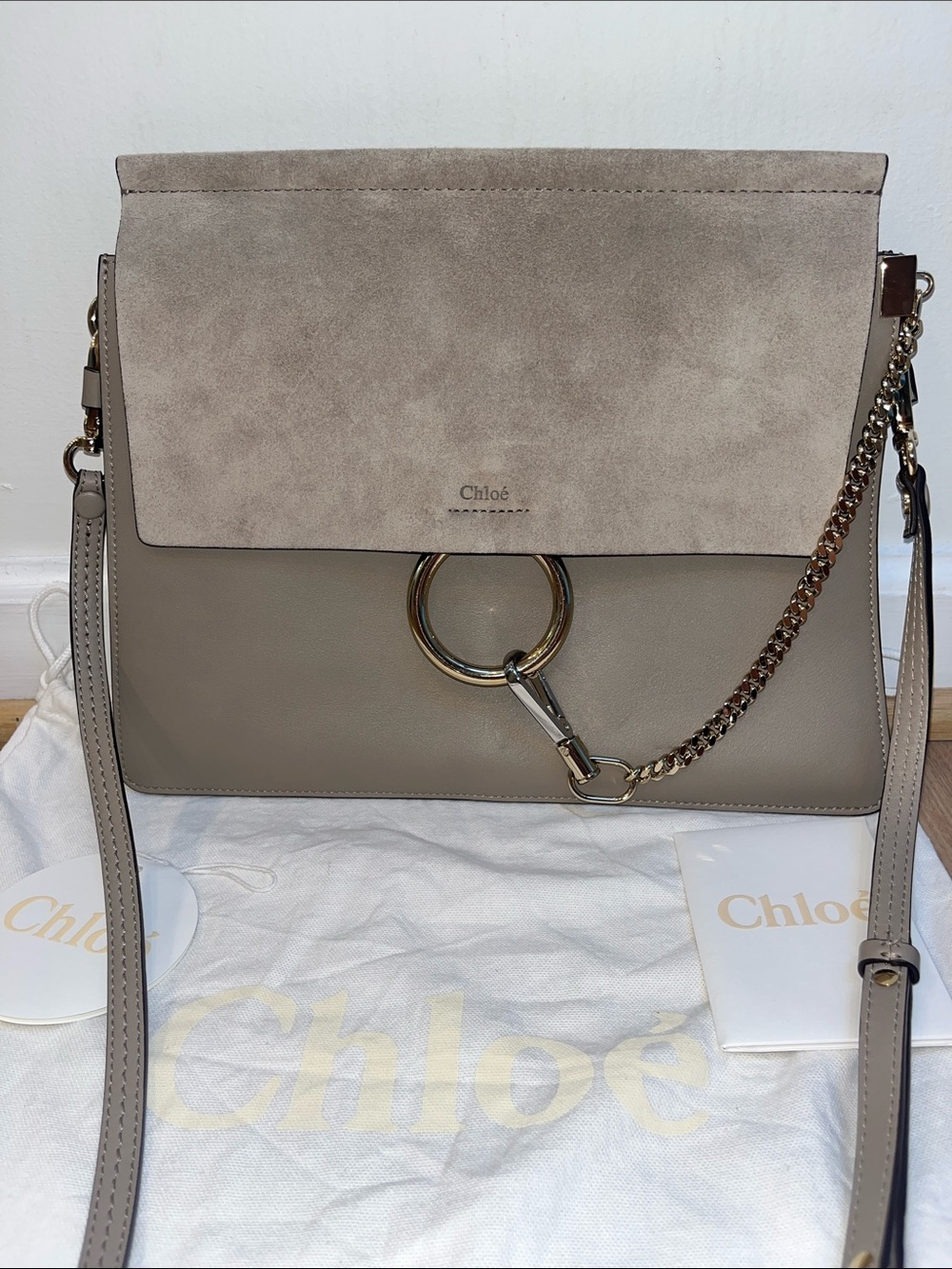 Authentic Chloe Large Faye Shoulder Bag Motley Grey Suede & Calfskin Leather